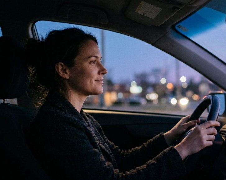 A woman driving at dusk