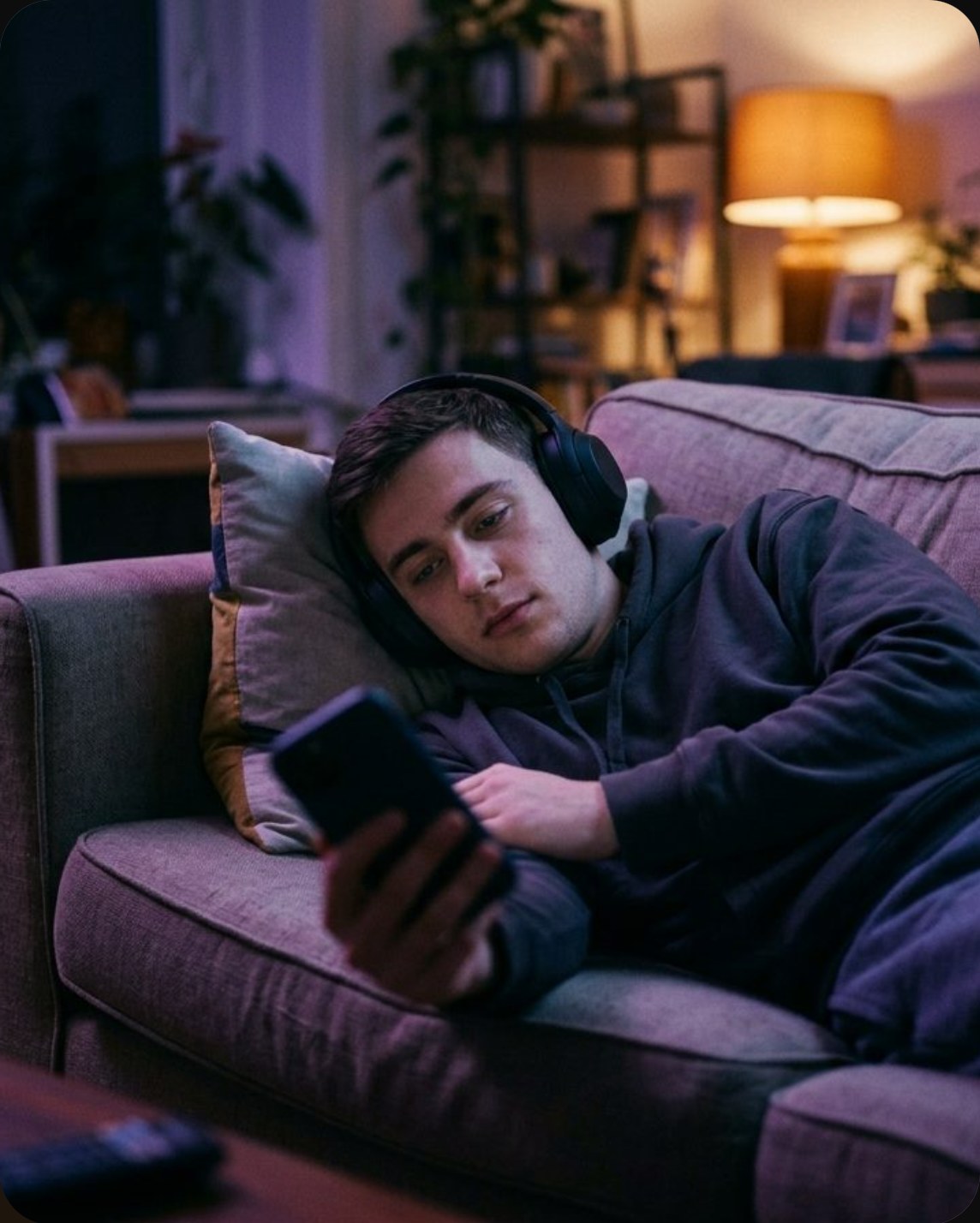 A listener with headphones on a sofa